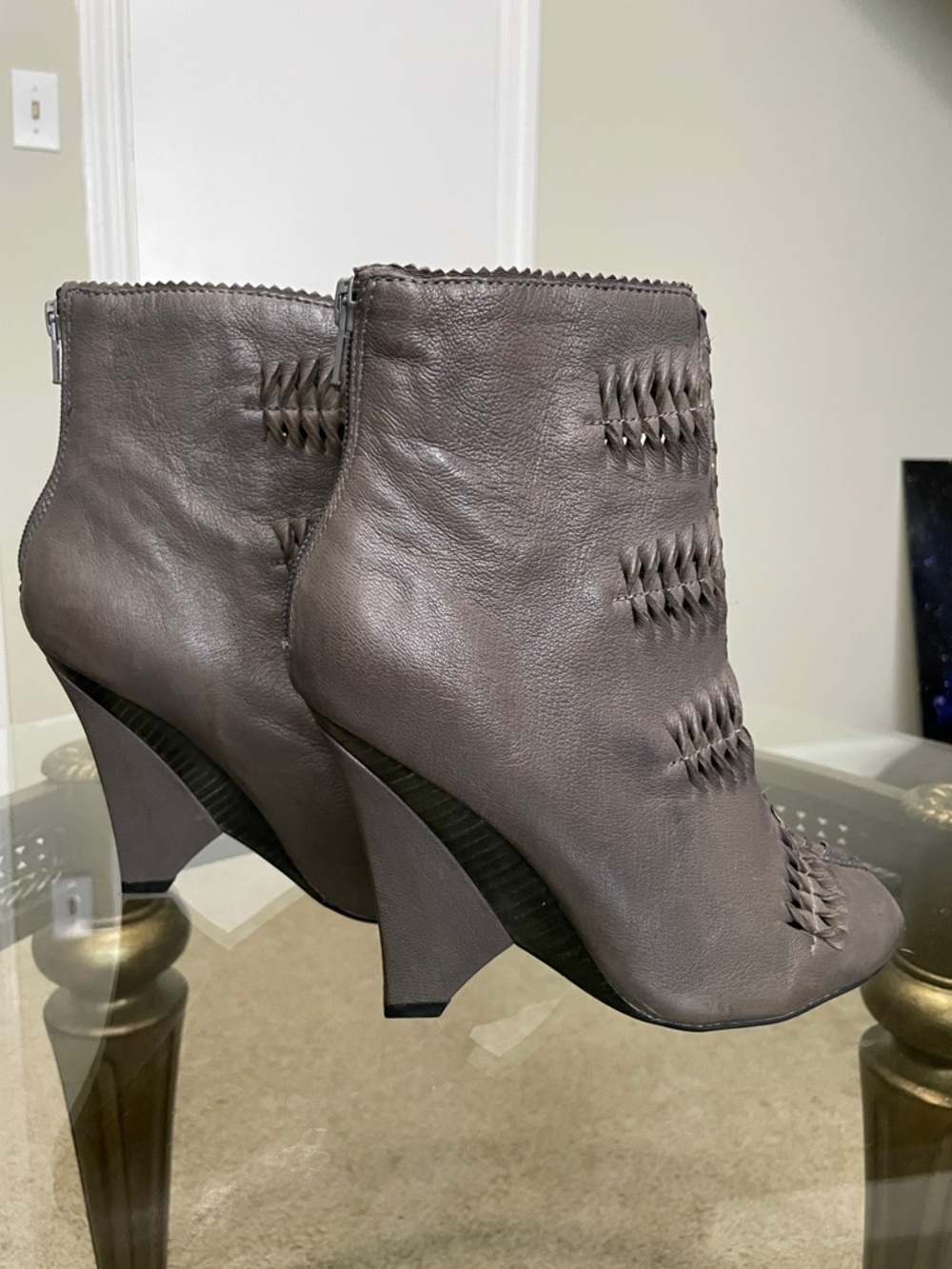Taupe Leather Wedge Ankle Boots